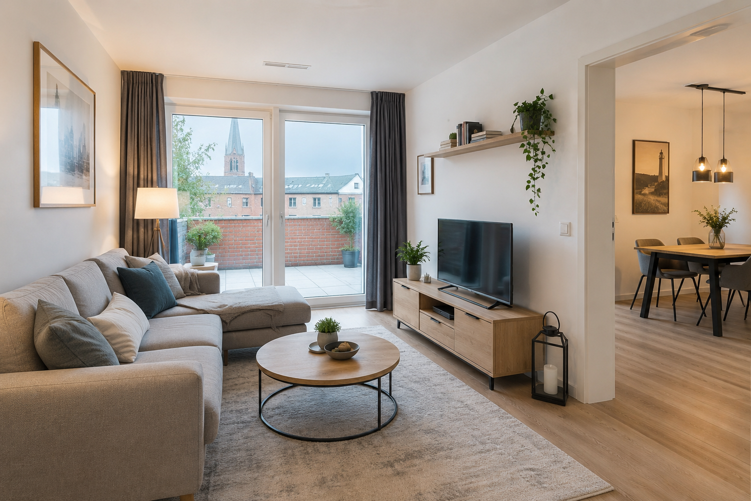 Wohnzimmer einer Wohnung in der Vermietung mit Ausblick auf Leer